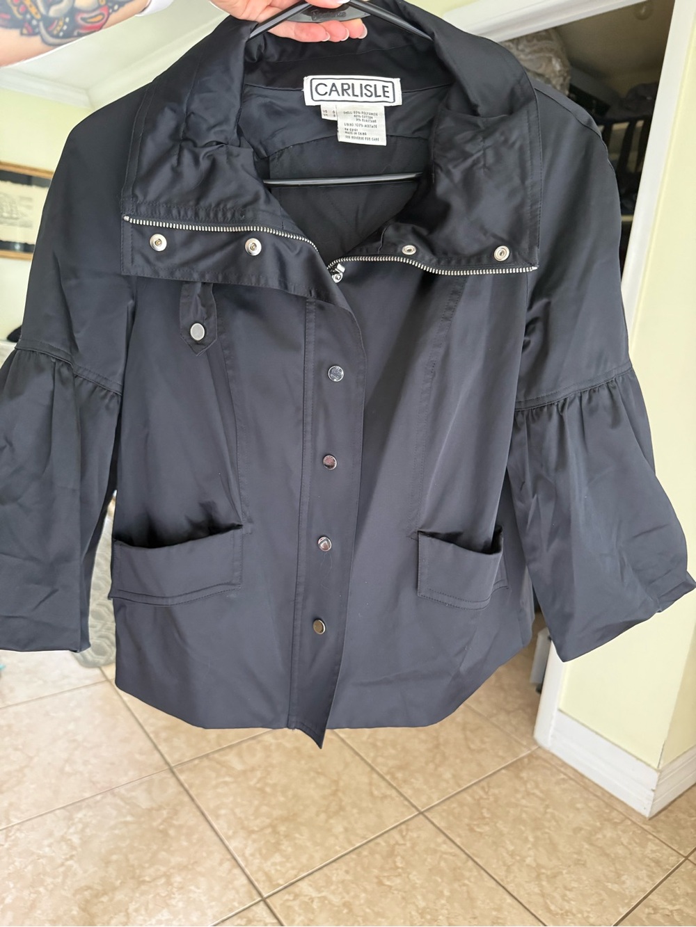 Carlisle Black Lightweight Hooded Trench Jacket with Gathered Sleeves